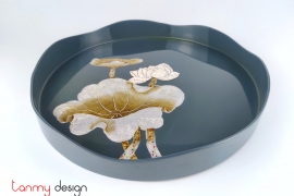 Round lacquer tray hand-painted with lotus 33 cm